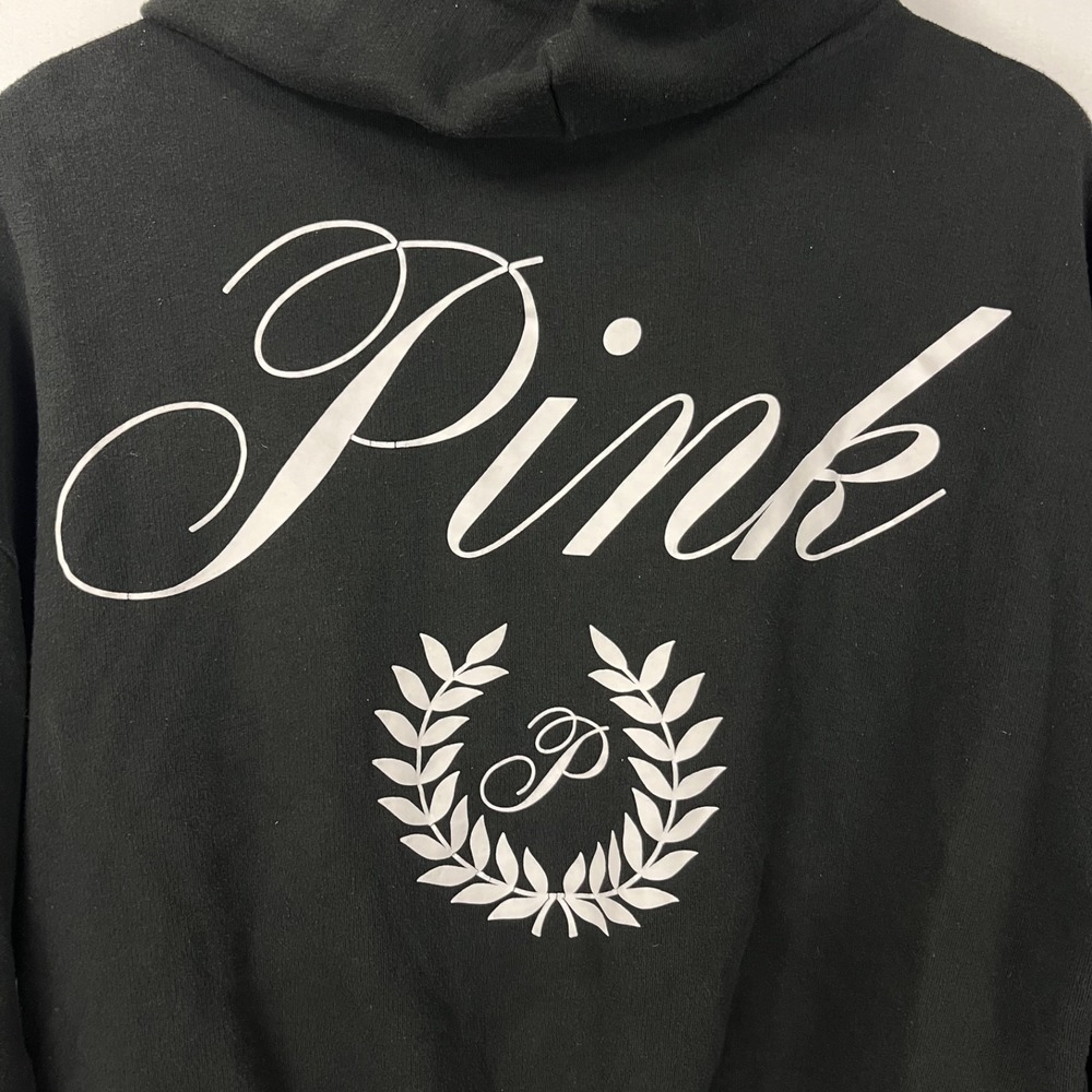 GUC Victoria's Secret PINK Womens Black Full Zip Hoodie Laurel Crest Logo Sz S - Picture 6 of 7